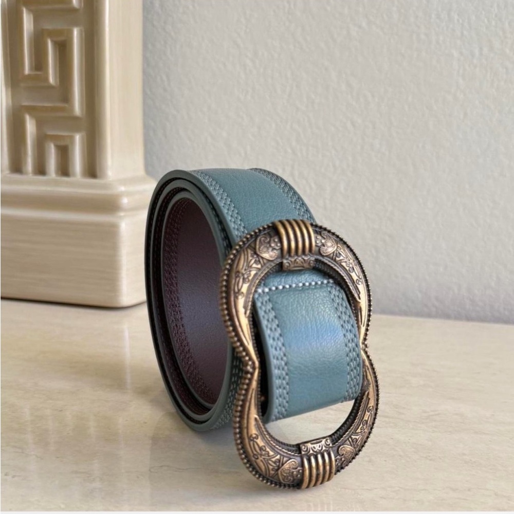 Sezane Gaia Leather Belt in Vintage Blue with with Antique Gold Buckle Finish